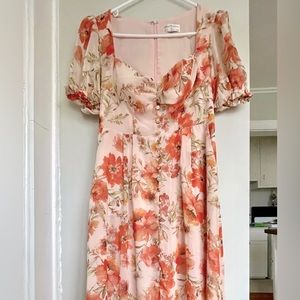Seven Wonders: Orange and Pink Floral Dress With Pockets, Puff Sleeves + Buttons